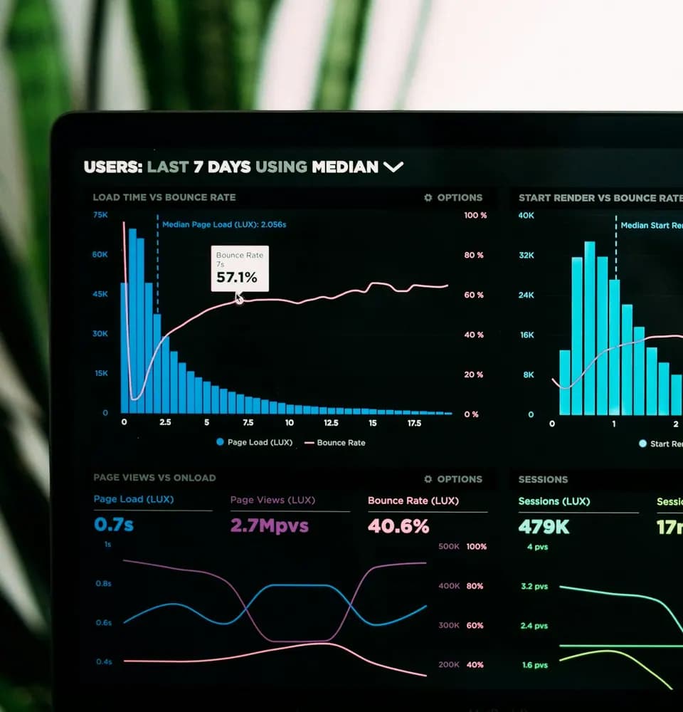 Website analytics dashboard on a dark screen representing online reputation management services